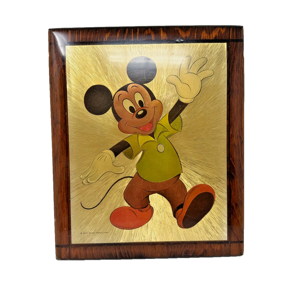 Vintage Walt Disney Productions Mickey Mouse Gold Foil Wood Plaque GUC